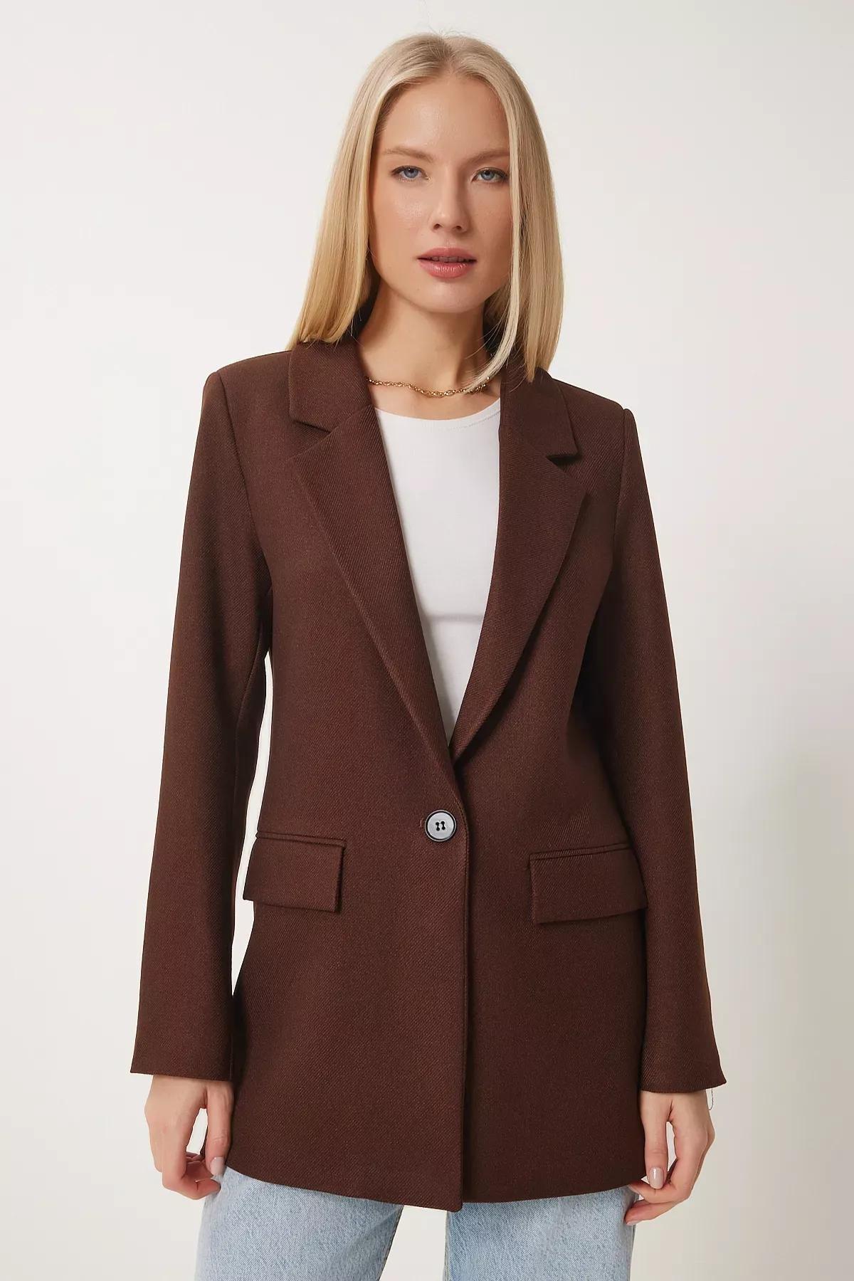 Brown Padded Woven Blazer, , large image number 0