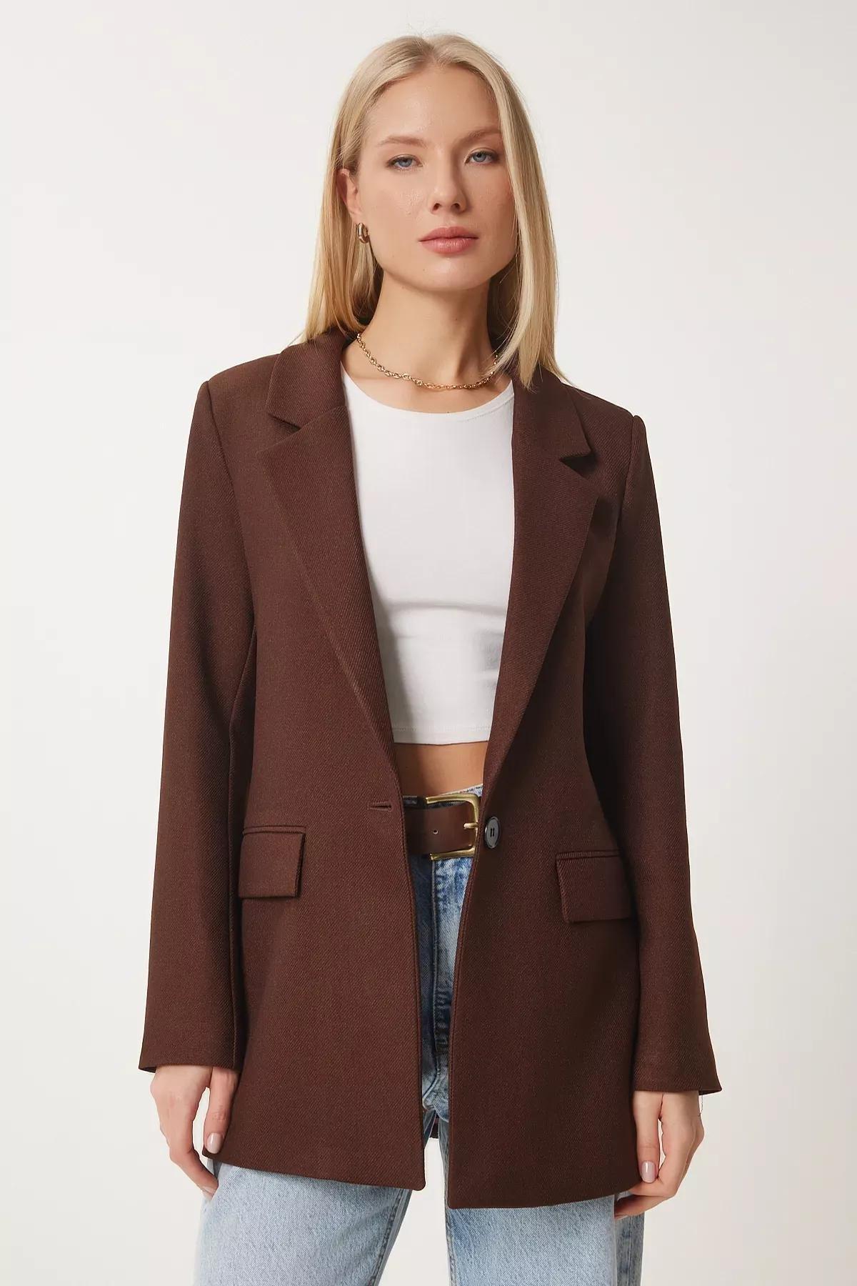 Brown Padded Woven Blazer, , large image number 1