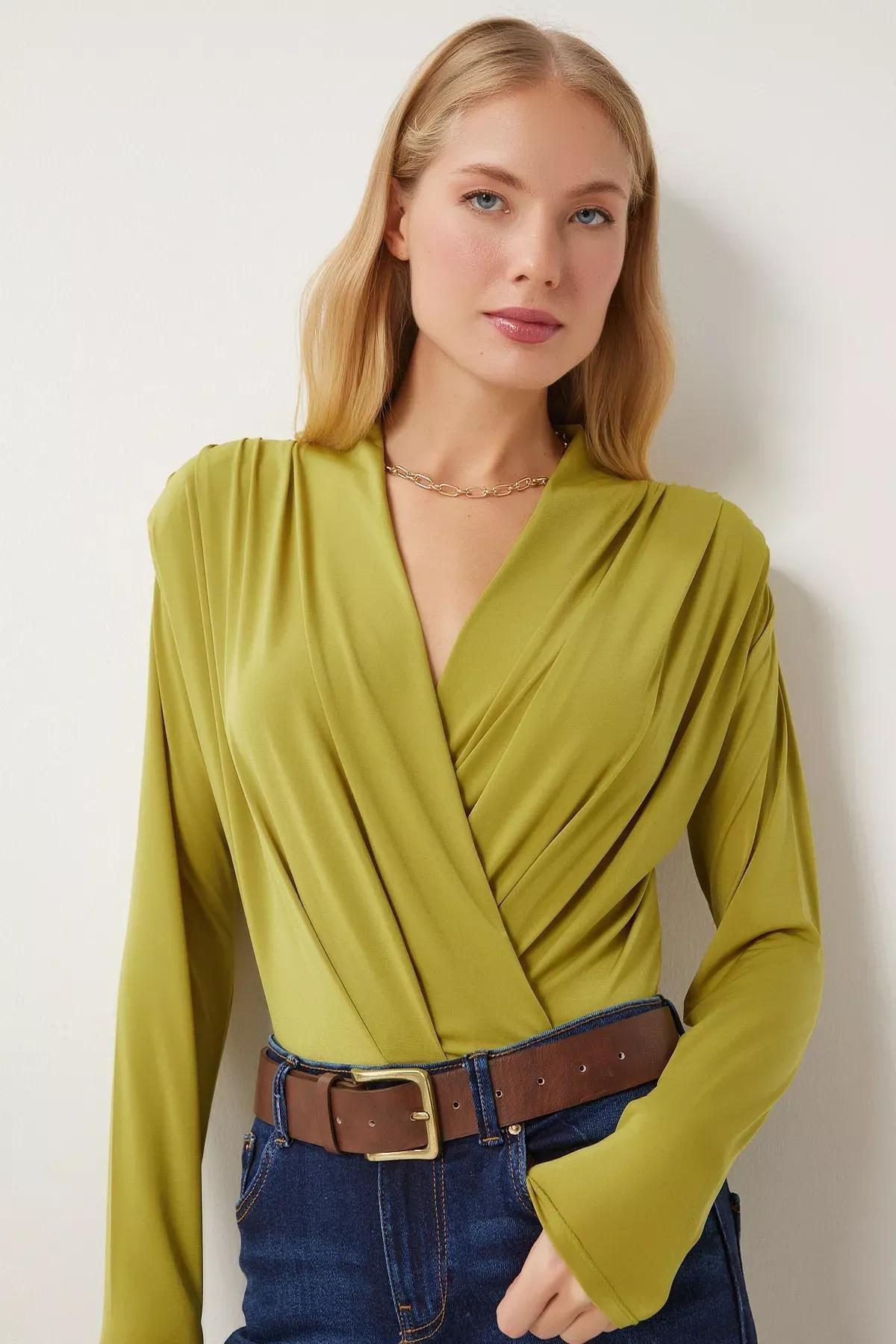 Green Collared Padded Snaped Sandy Blouse, OIL GREEN, large image number 1
