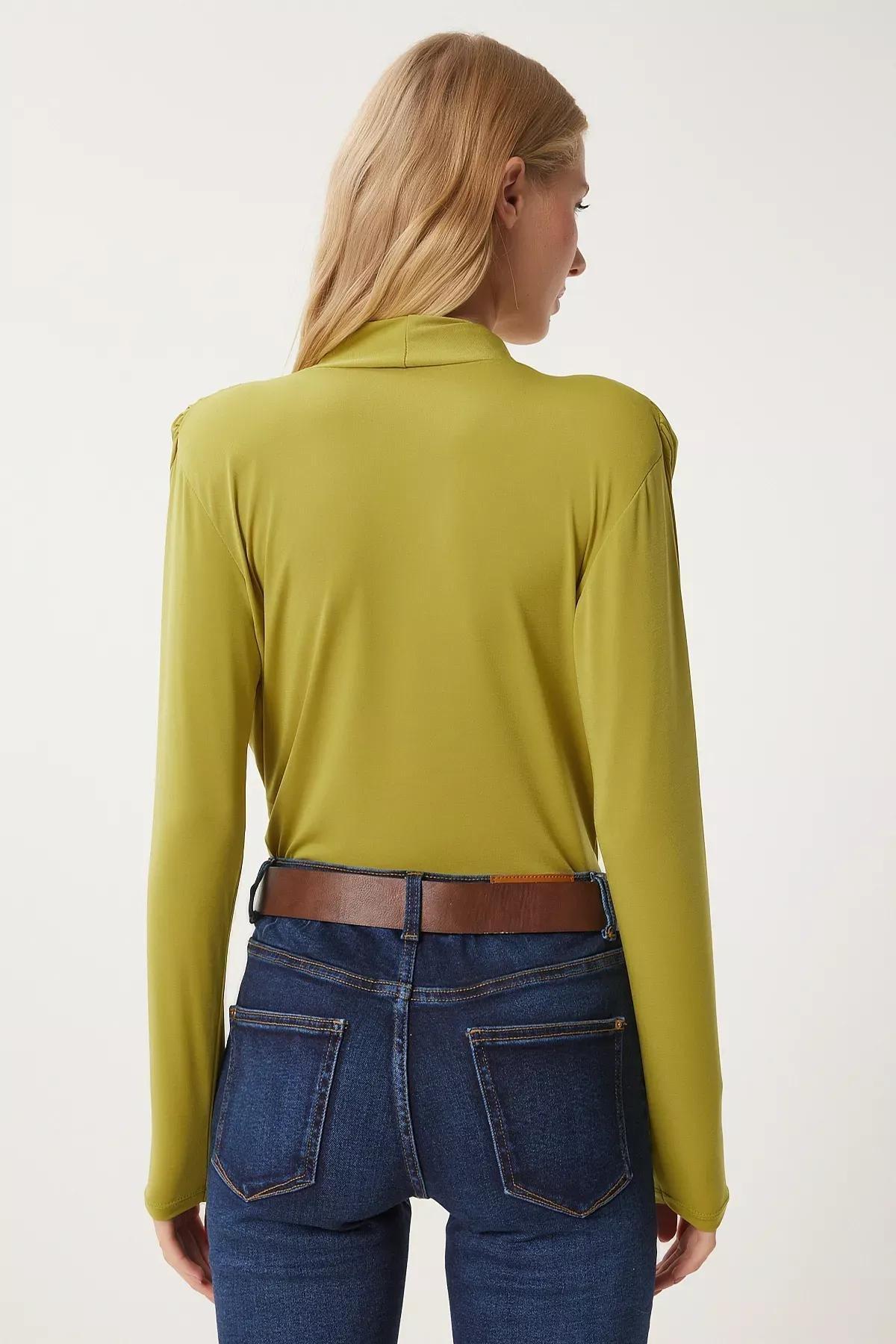 Green Collared Padded Snaped Sandy Blouse, OIL GREEN, large image number 3
