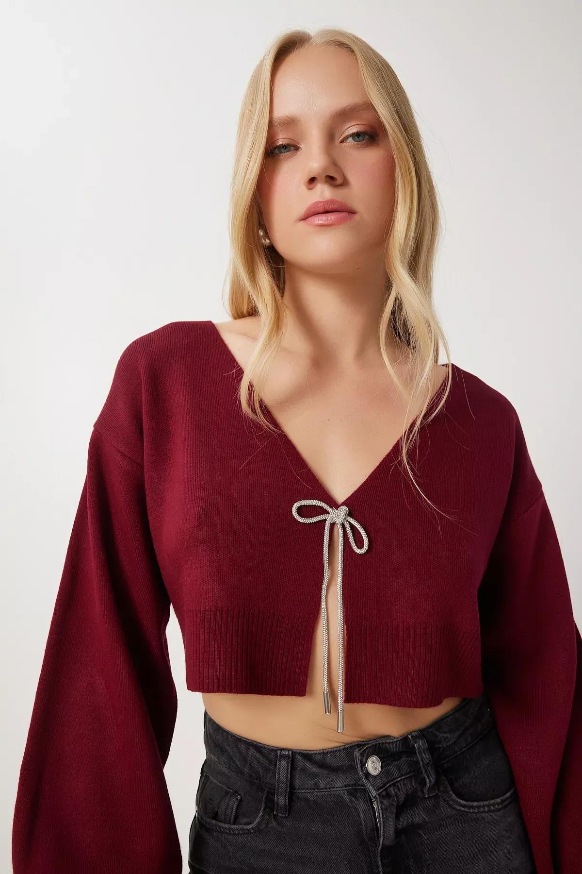 Burgundy Brownd Bow Knit Cardigan, , large image number 0