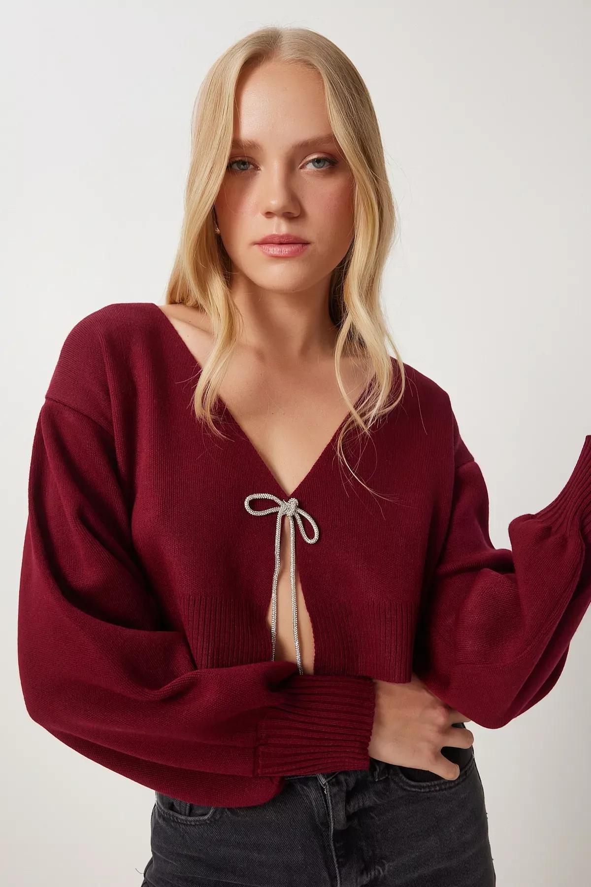 Burgundy Brownd Bow Knit Cardigan, , large image number 1