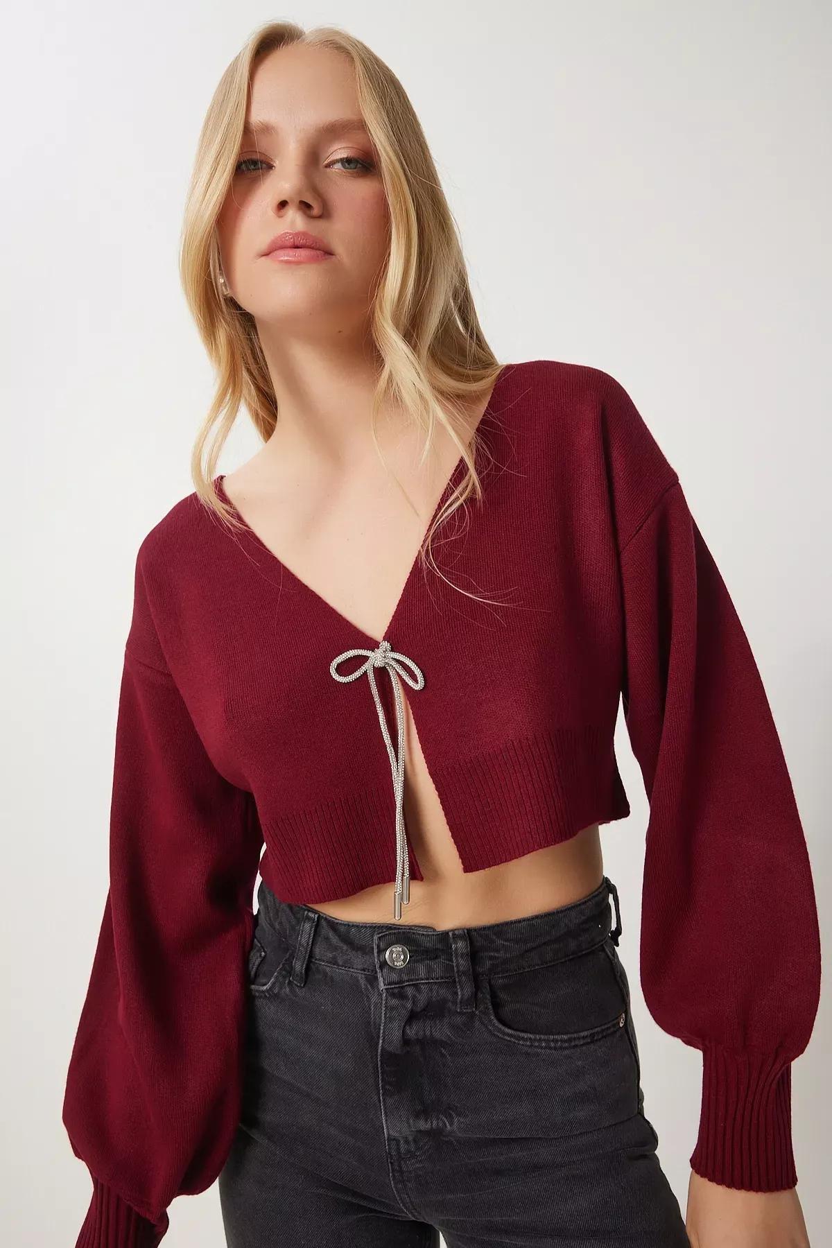 Burgundy Brownd Bow Knit Cardigan, , large image number 2