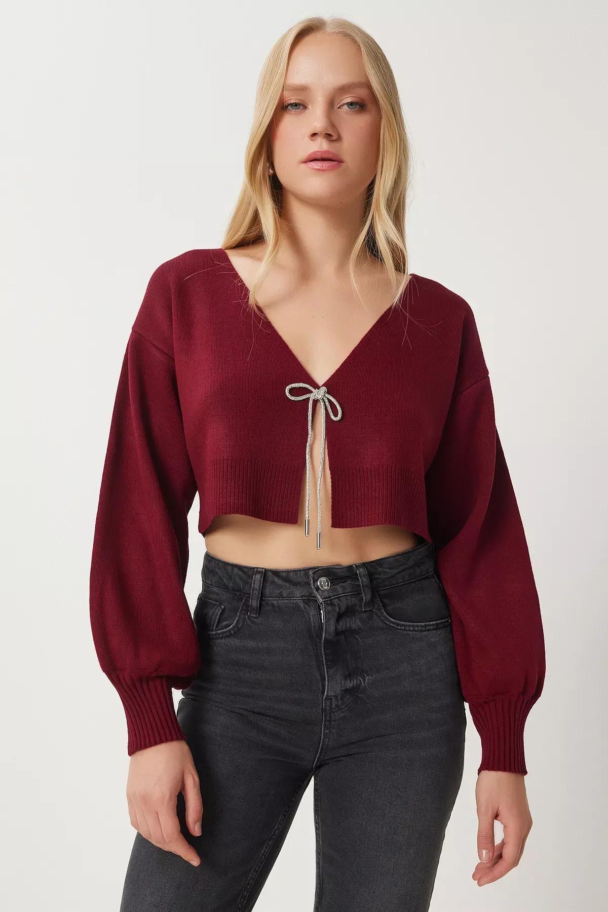 Burgundy Brownd Bow Knit Cardigan, , large image number 3