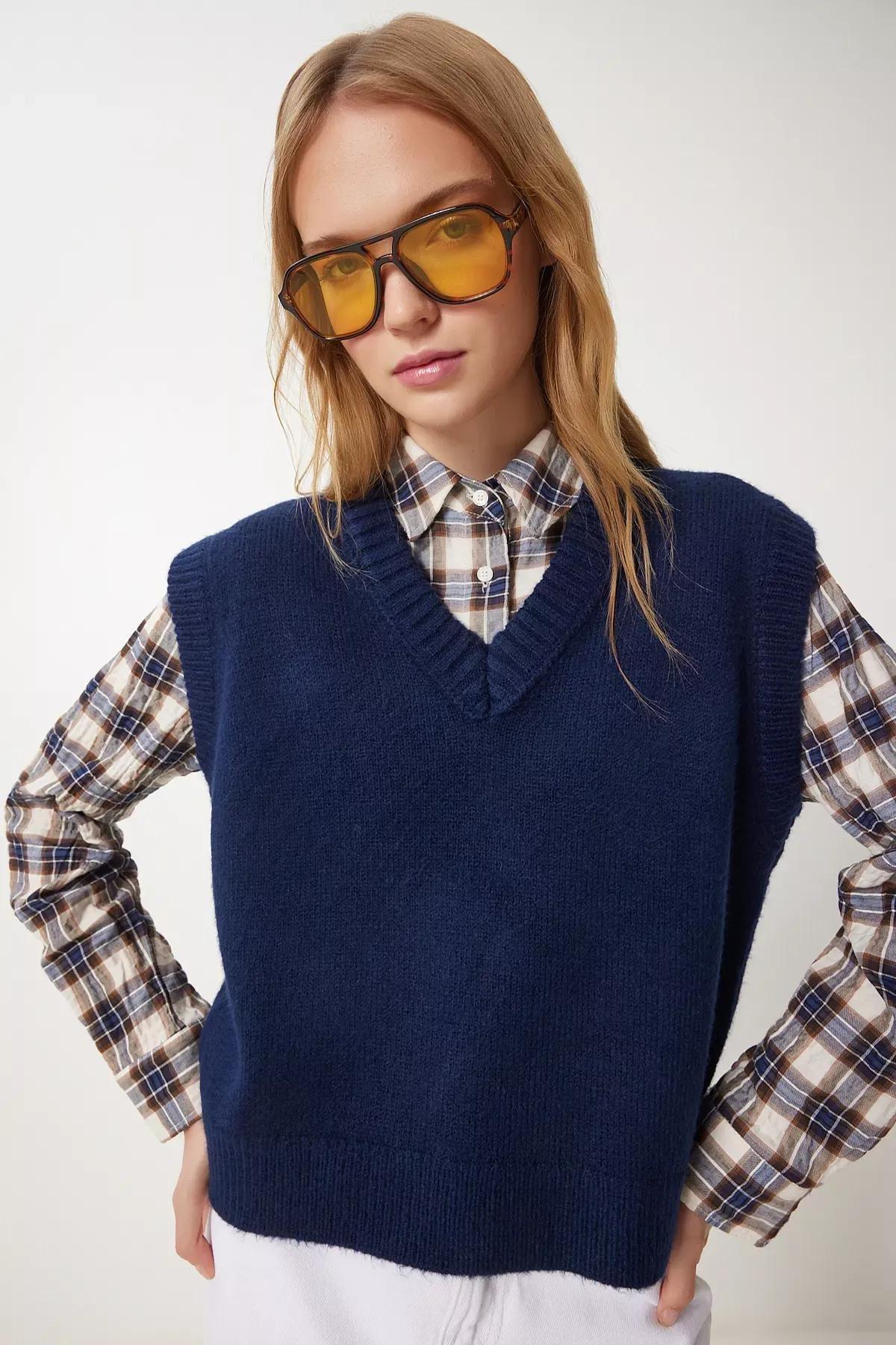 Navy V-Neck Knit Sweater, Navy blue, large image number 0
