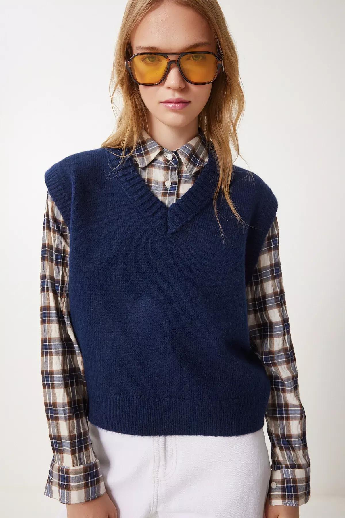 Navy V-Neck Knit Sweater, Navy blue, large image number 1