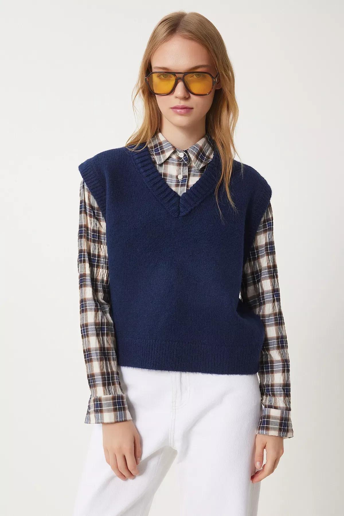 Navy V-Neck Knit Sweater, Navy blue, large image number 3
