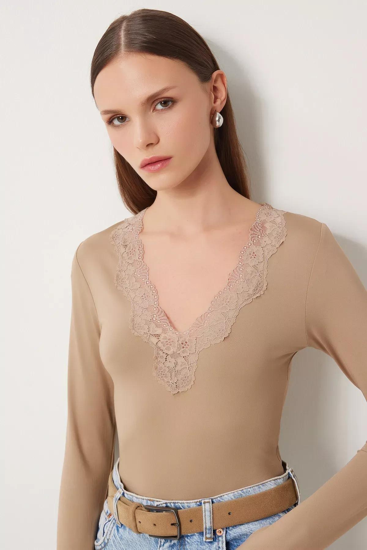 Brown Lace Knitted Snap Bodysuit, , large image number 0