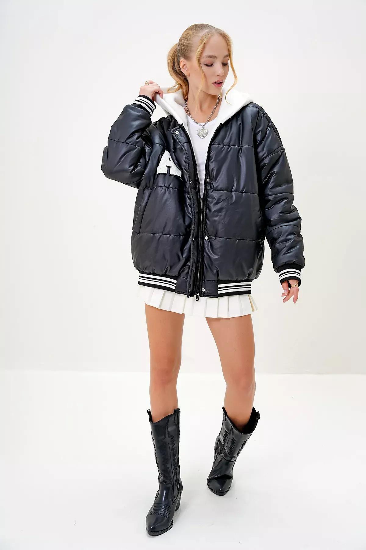 Black Hooded Puffer Coat, , large image number 1