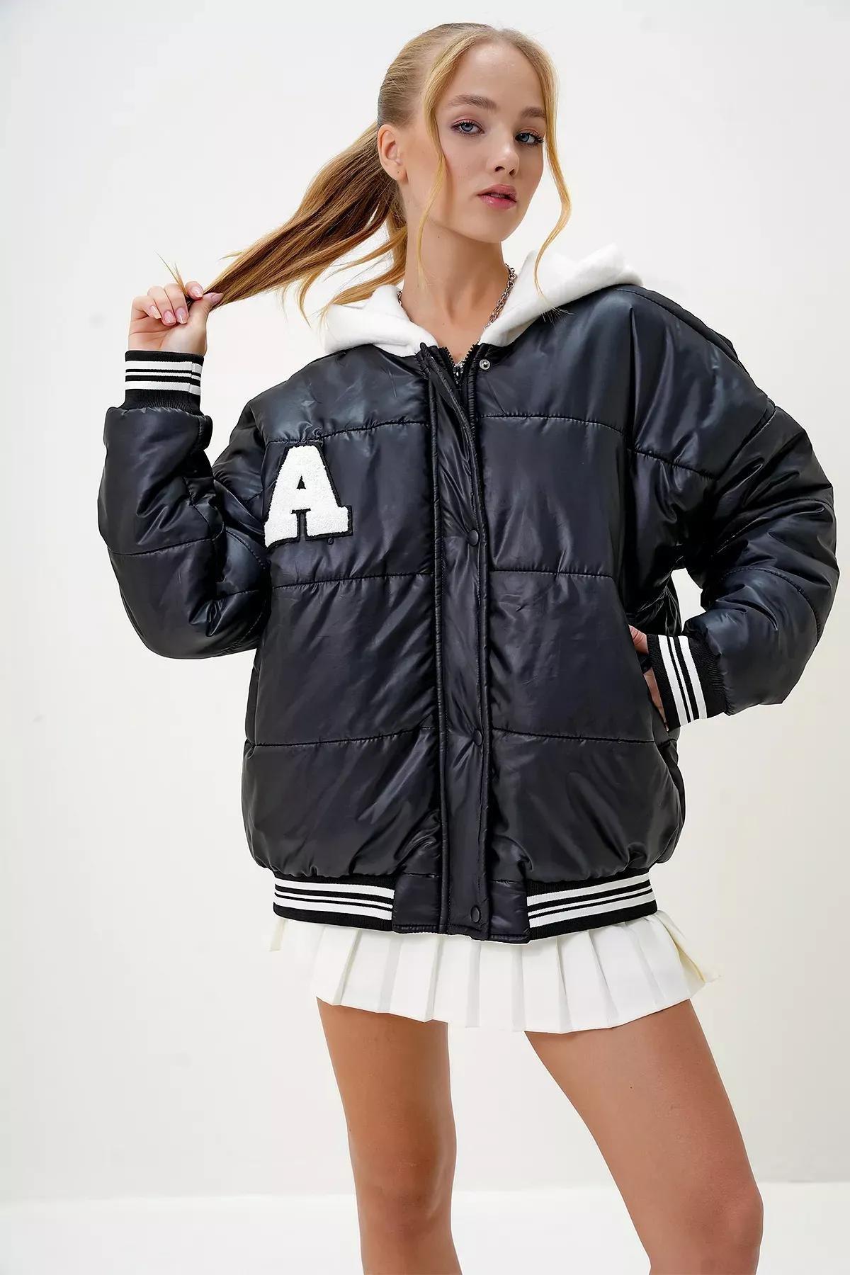 Black Hooded Puffer Coat, , large image number 3