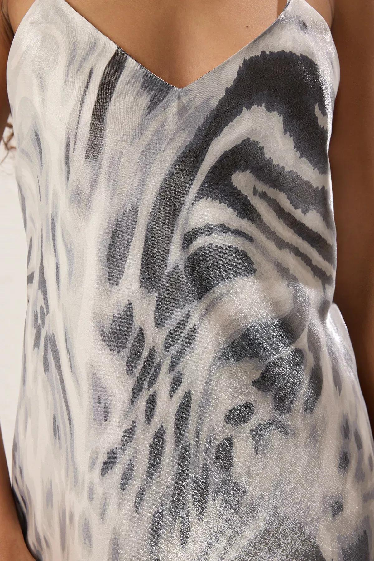 Brown Patterned Satin Midi Dress, Mink, large image number 3