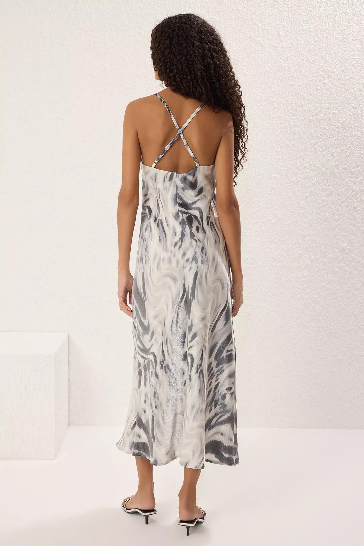 Brown Patterned Satin Midi Dress, Mink, large image number 4