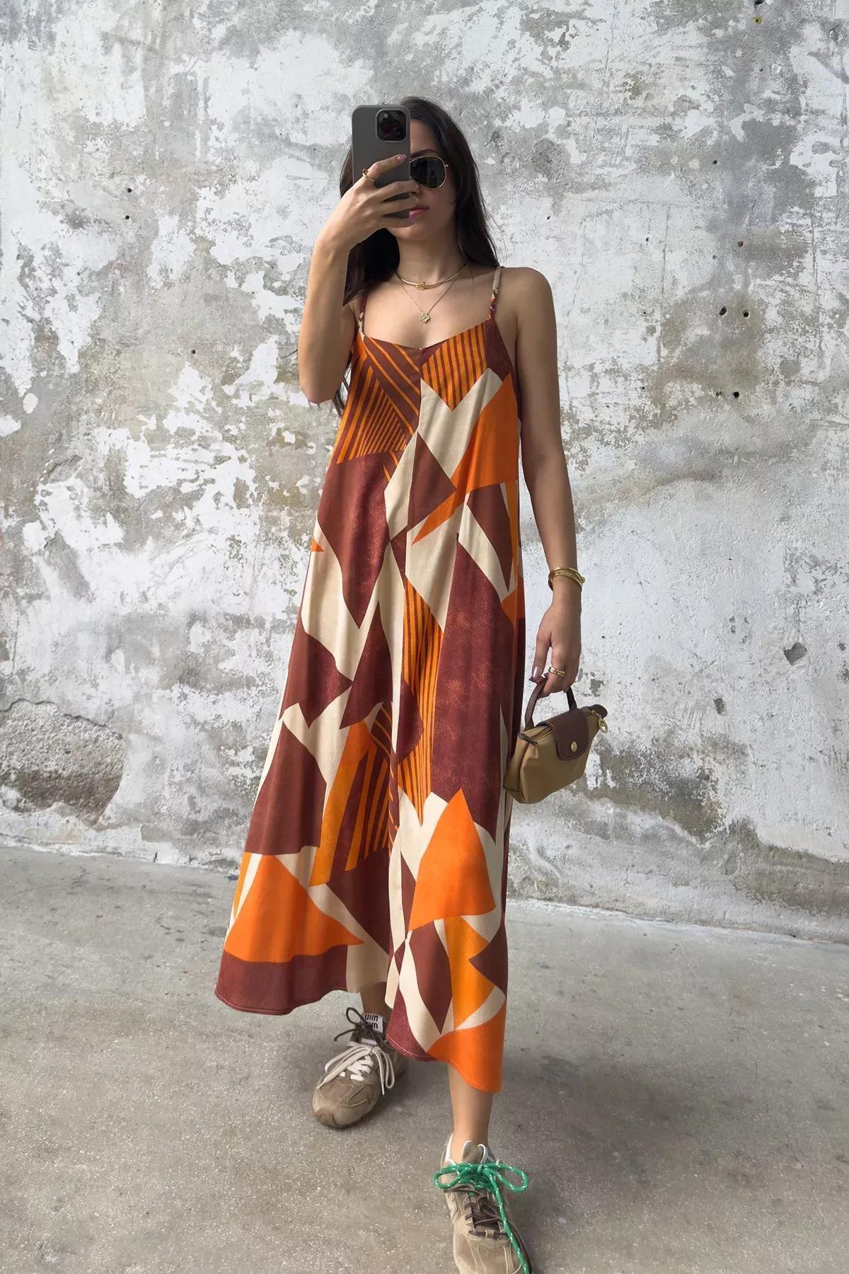 Brown Patterned Straight Cut Midi Dress, Brown, large image number 1