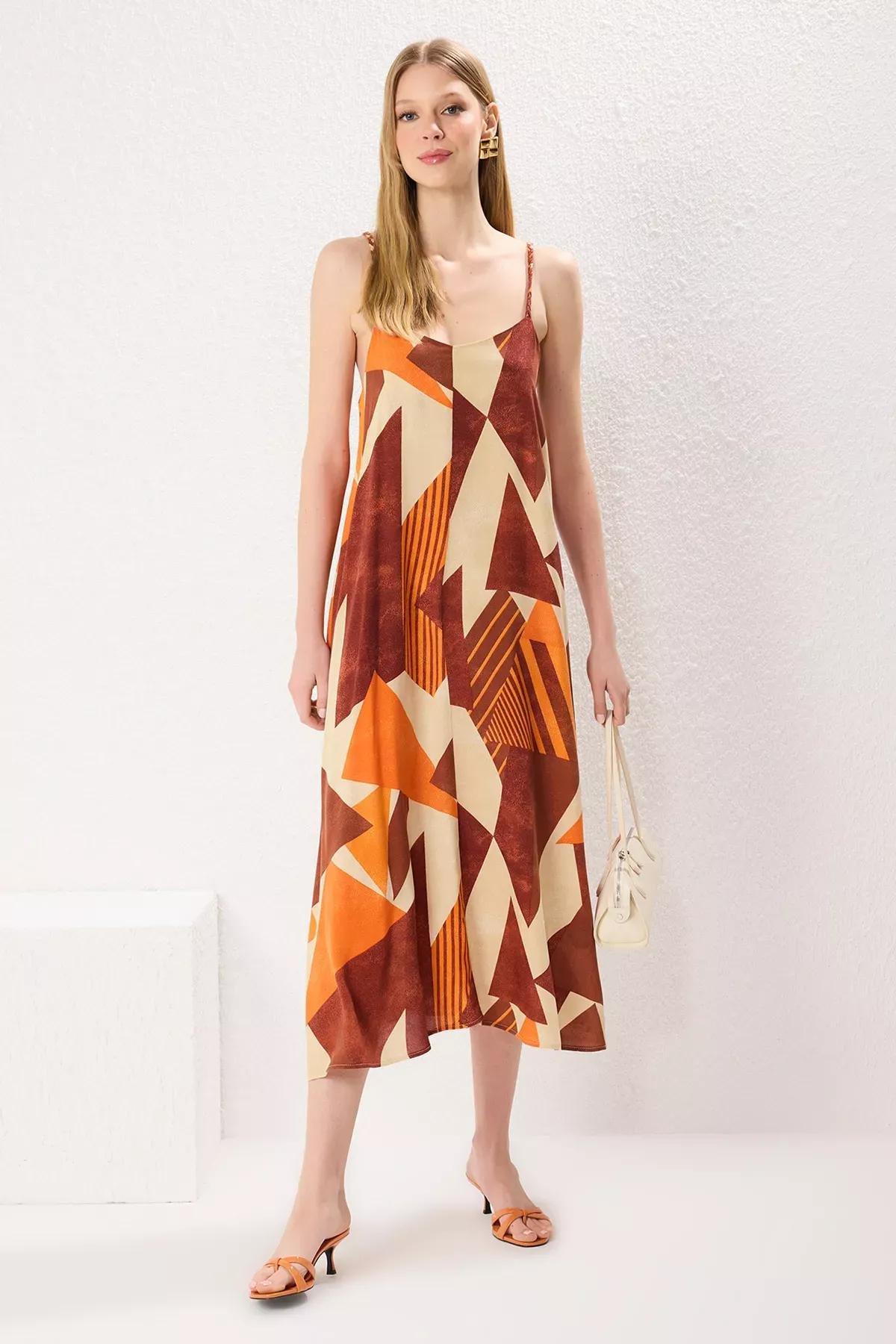 Brown Patterned Straight Cut Midi Dress, Brown, large image number 2