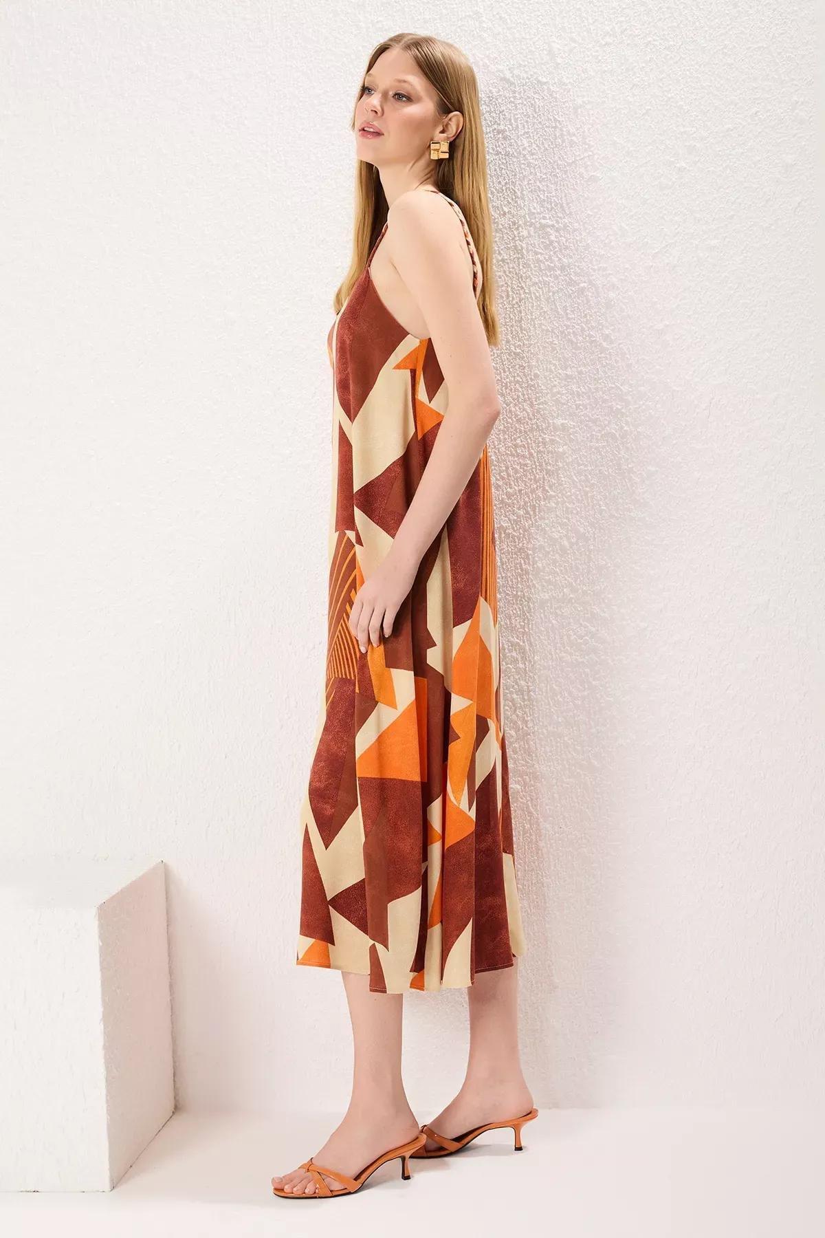 Brown Patterned Straight Cut Midi Dress, Brown, large image number 3