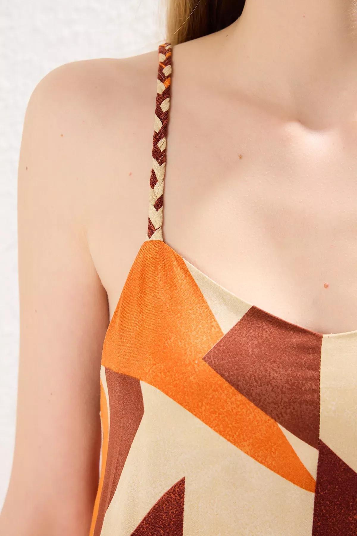 Brown Patterned Straight Cut Midi Dress, Brown, large image number 4