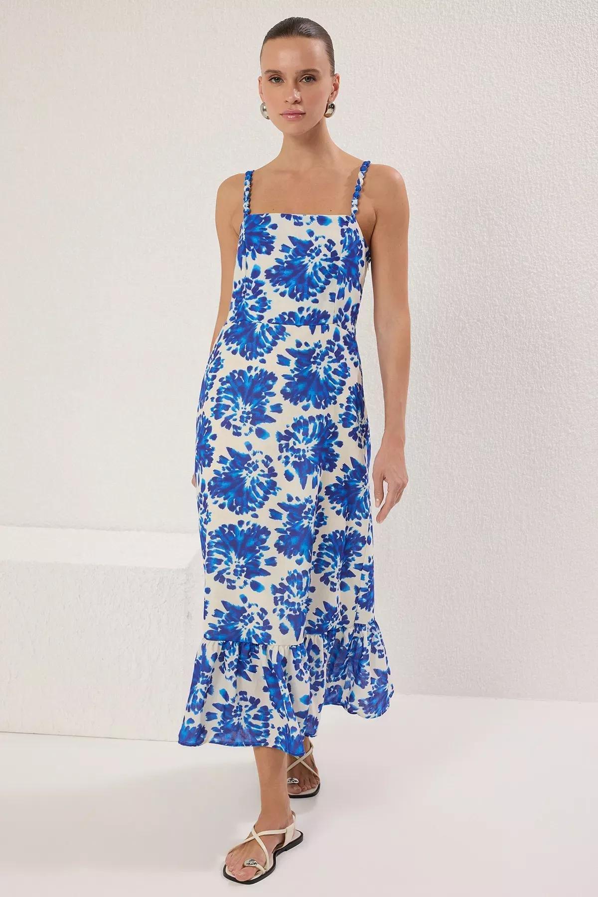 Blue Floral Linen Midi Dress, Blue, large image number 1