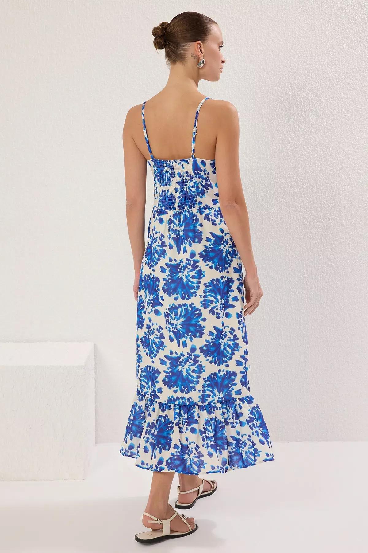 Blue Floral Linen Midi Dress, Blue, large image number 3