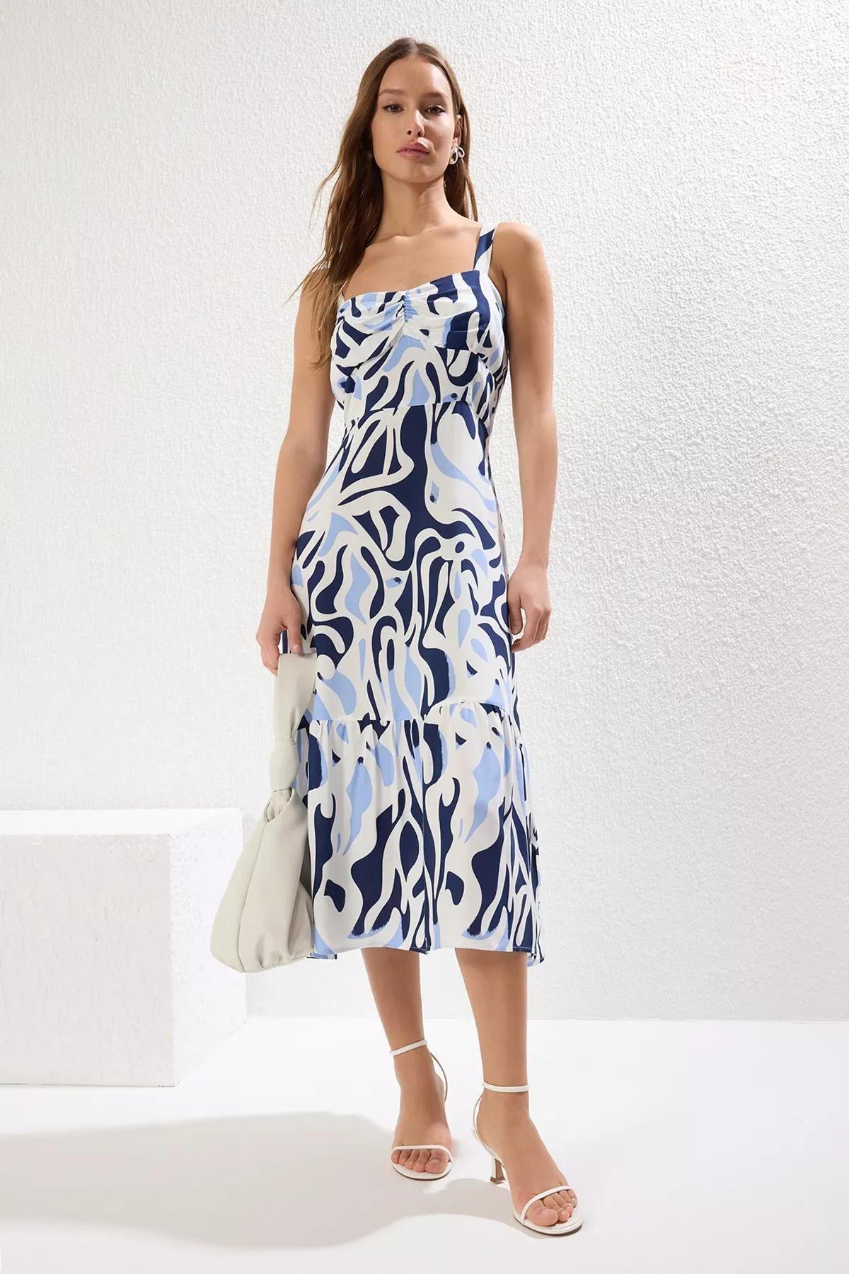 Blue Geometric Waist-Opening Midi Dress, , large image number 0