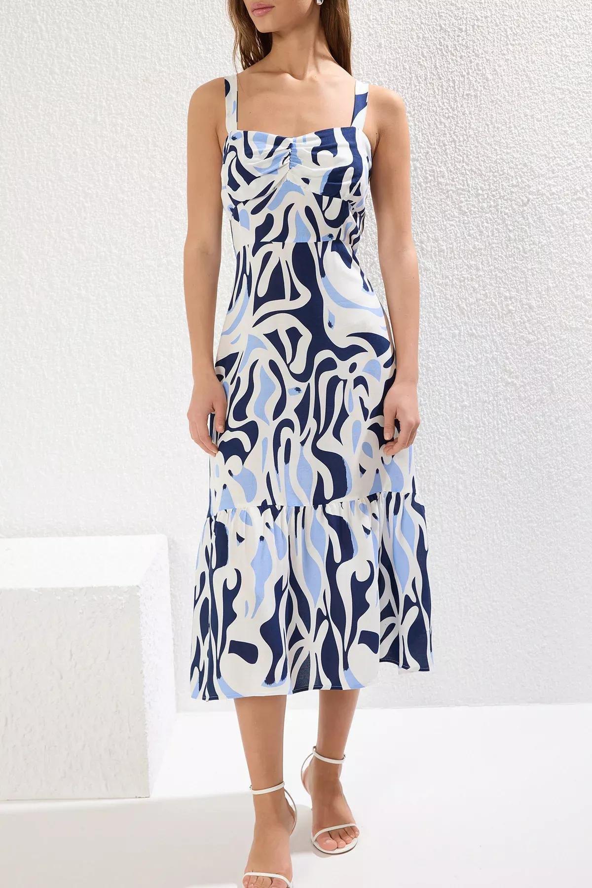 Blue Geometric Waist-Opening Midi Dress, , large image number 2