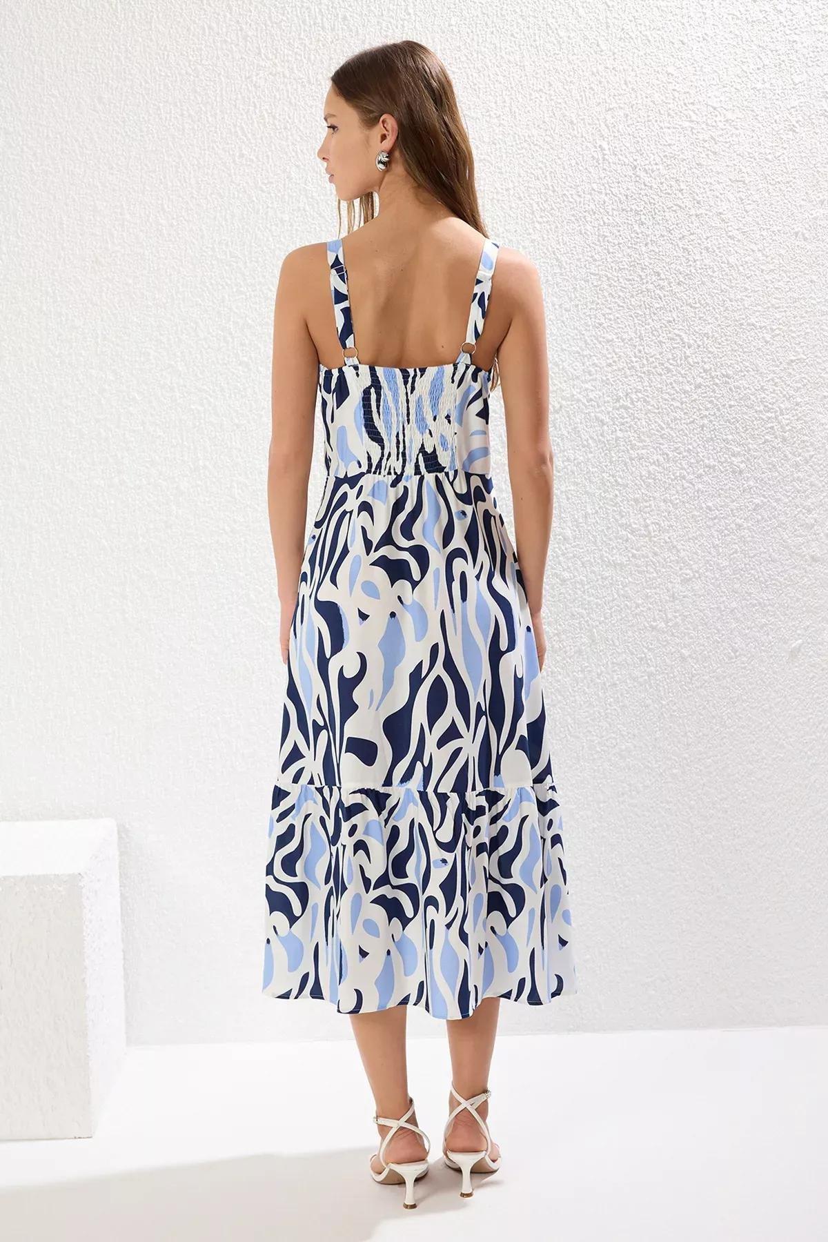 Blue Geometric Waist-Opening Midi Dress, , large image number 4