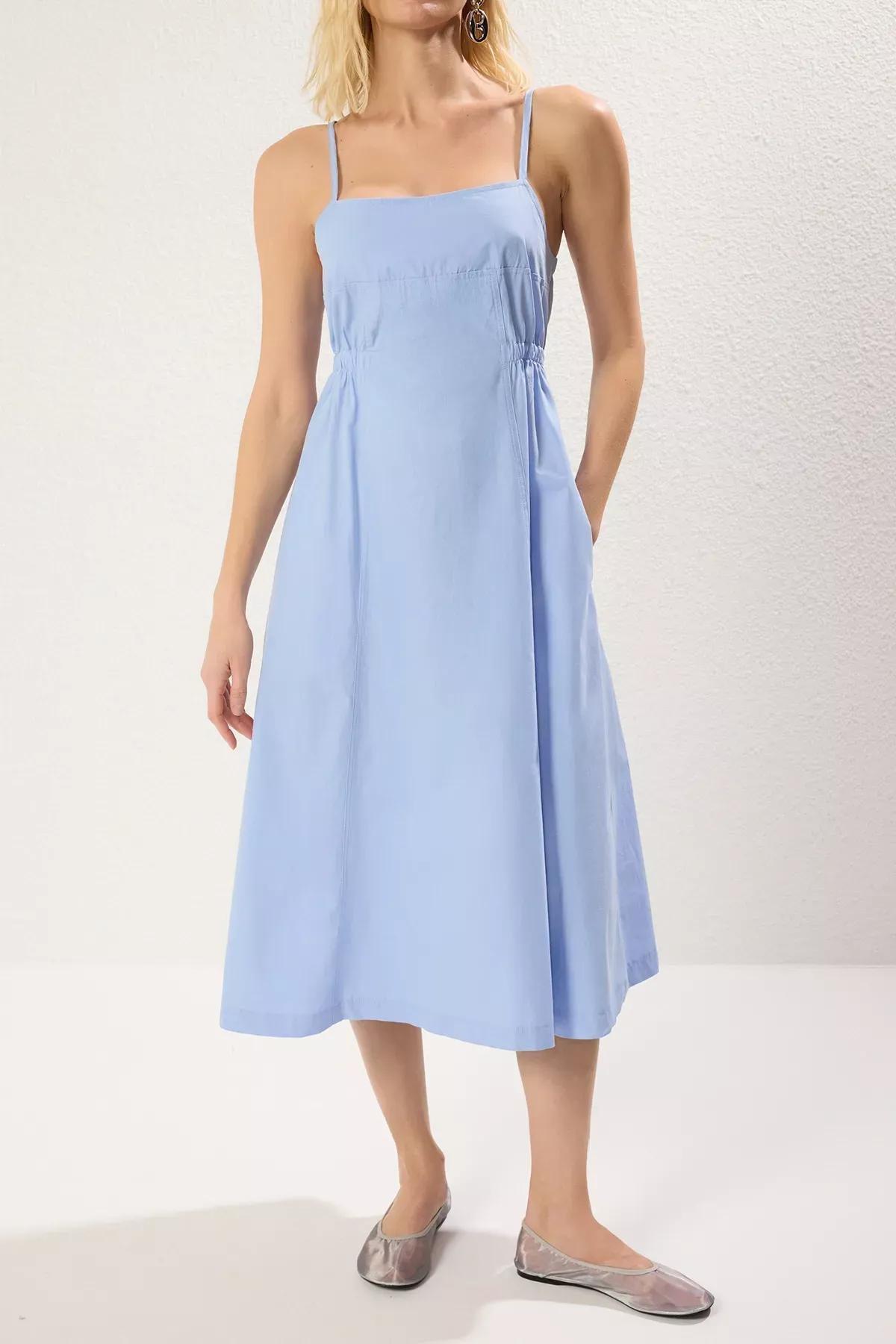 Blue Plain Skirt Poplin Midi Dress, Blue, large image number 2