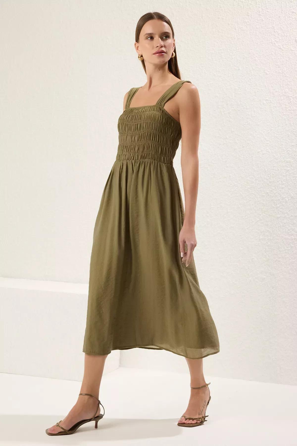 Khaki Waist Opening Midi Dress, , large image number 0
