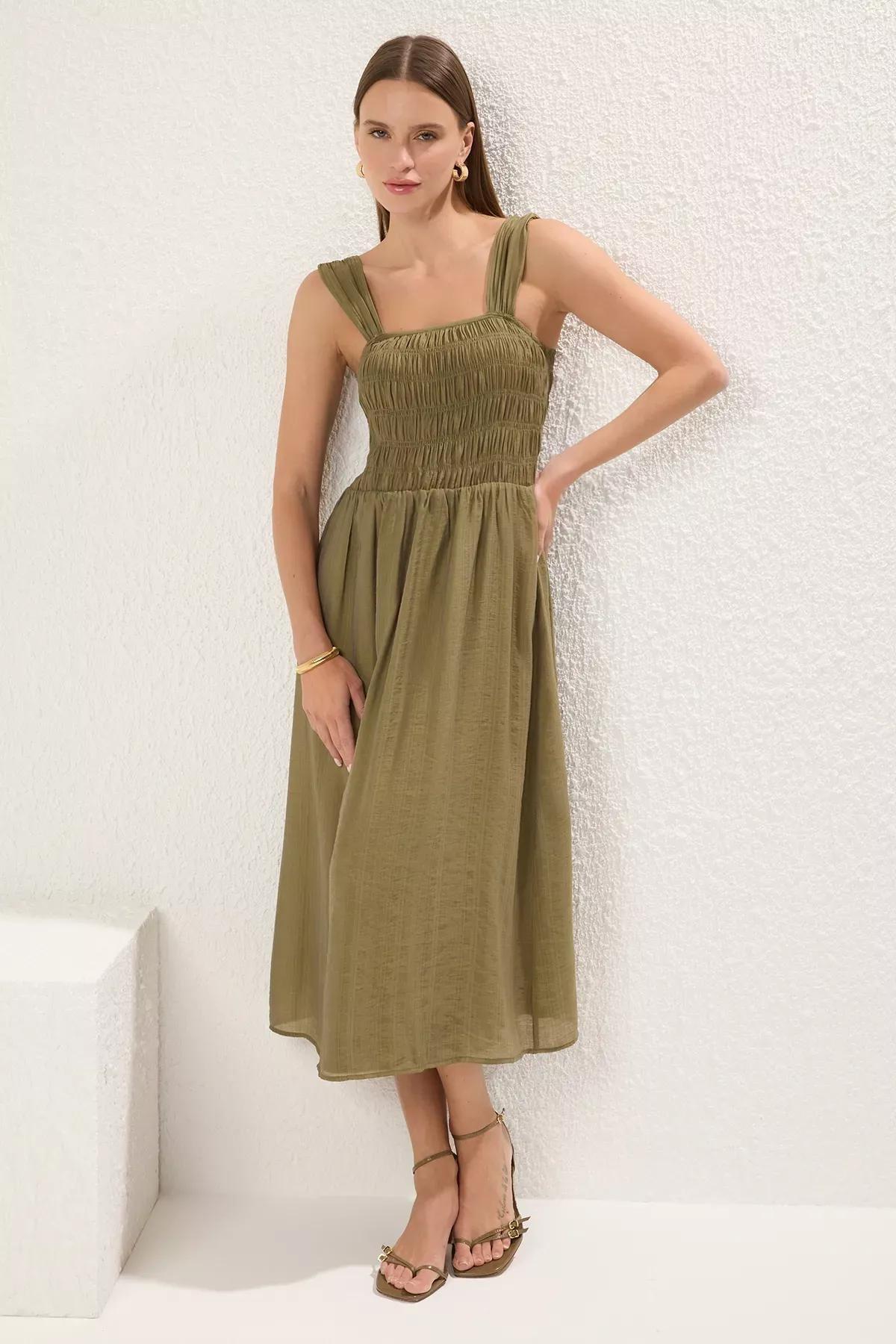 Khaki Waist Opening Midi Dress, , large image number 1