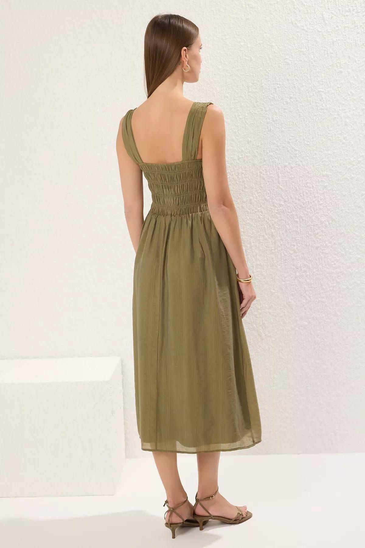 Khaki Waist Opening Midi Dress, Khaki, large image number 3