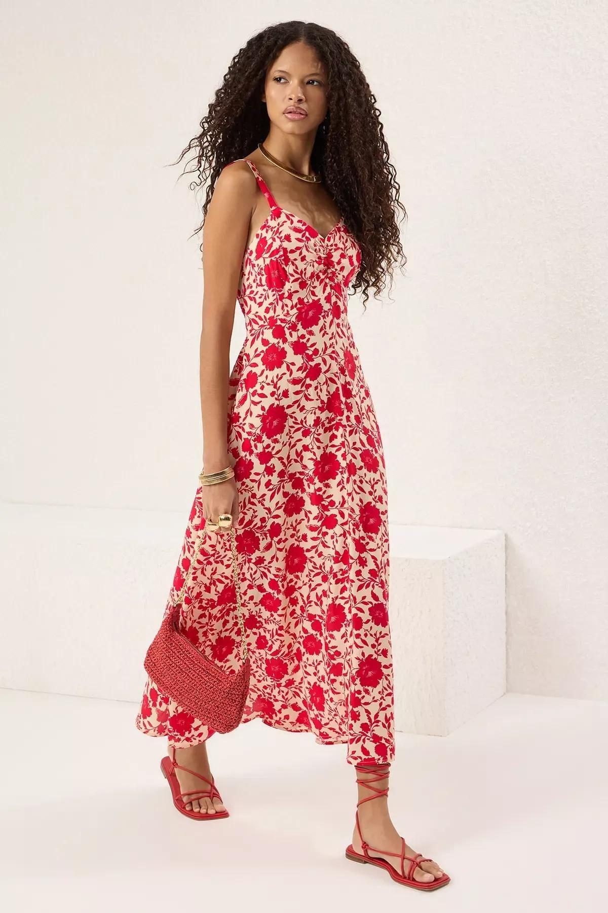 Pink Floral Opening At Waist Midi Dress, , large image number 1