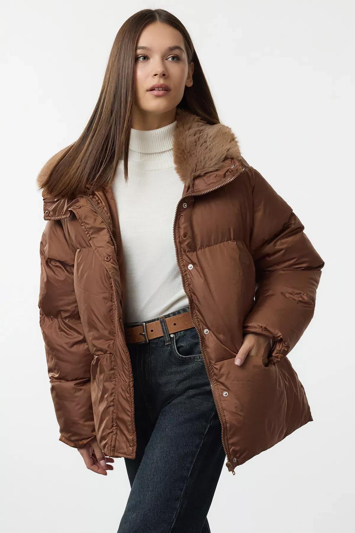 Camel Plush Collar Puffer Jacket, CAMEL, large image number 0