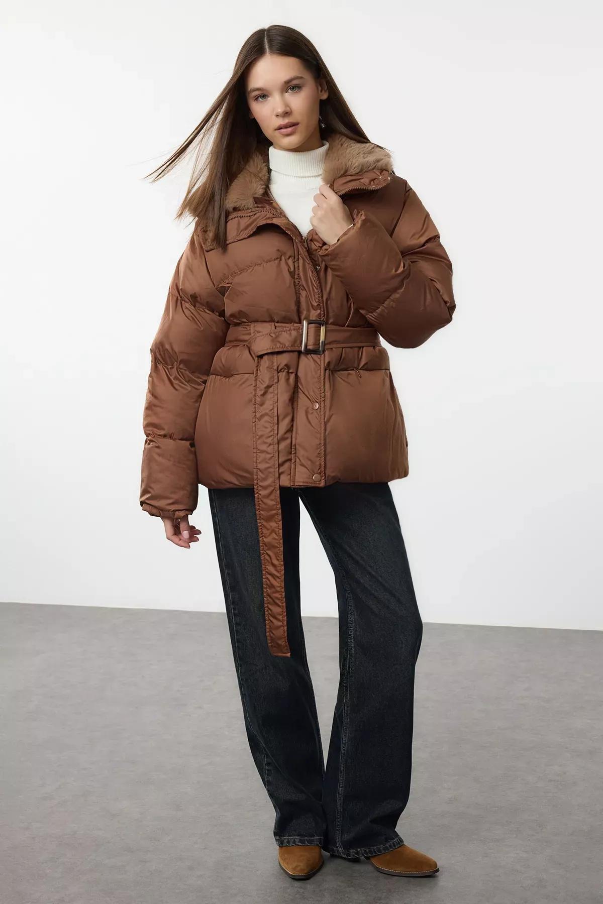 Camel Plush Collar Puffer Jacket, CAMEL, large image number 1