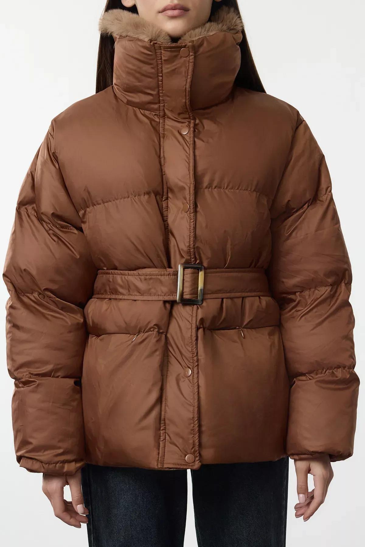 Camel Plush Collar Puffer Jacket, CAMEL, large image number 3