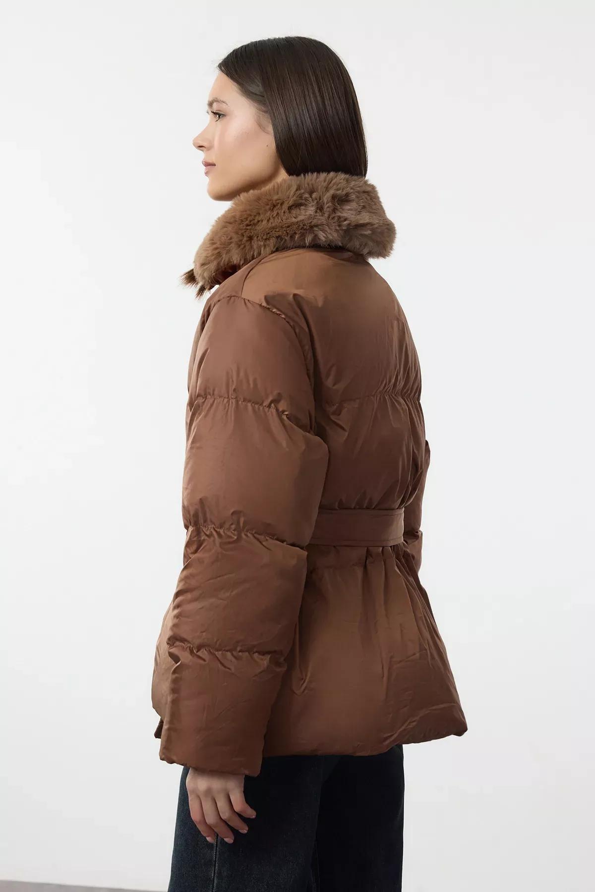 Camel Plush Collar Puffer Jacket, CAMEL, large image number 4