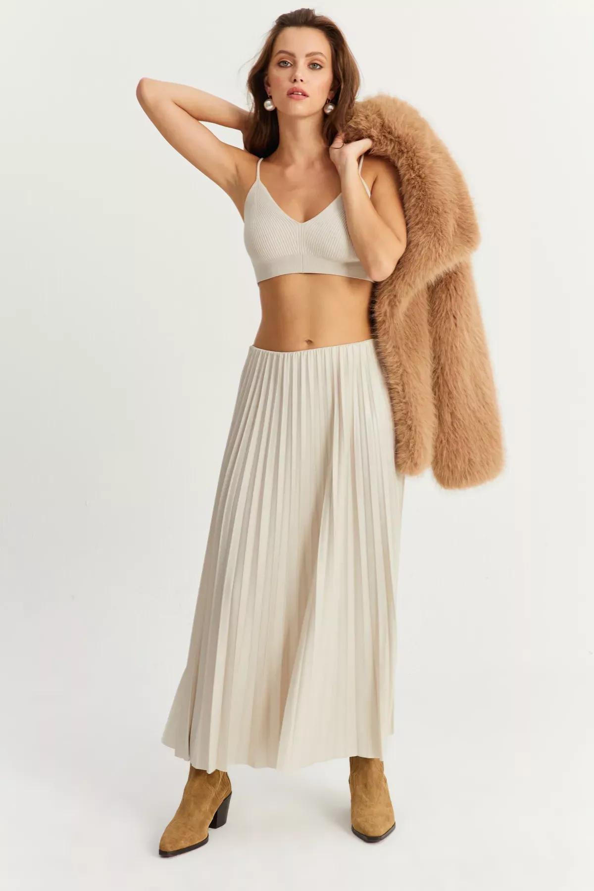 Beige Waist Pleated Skirt, STONE, large image number 0