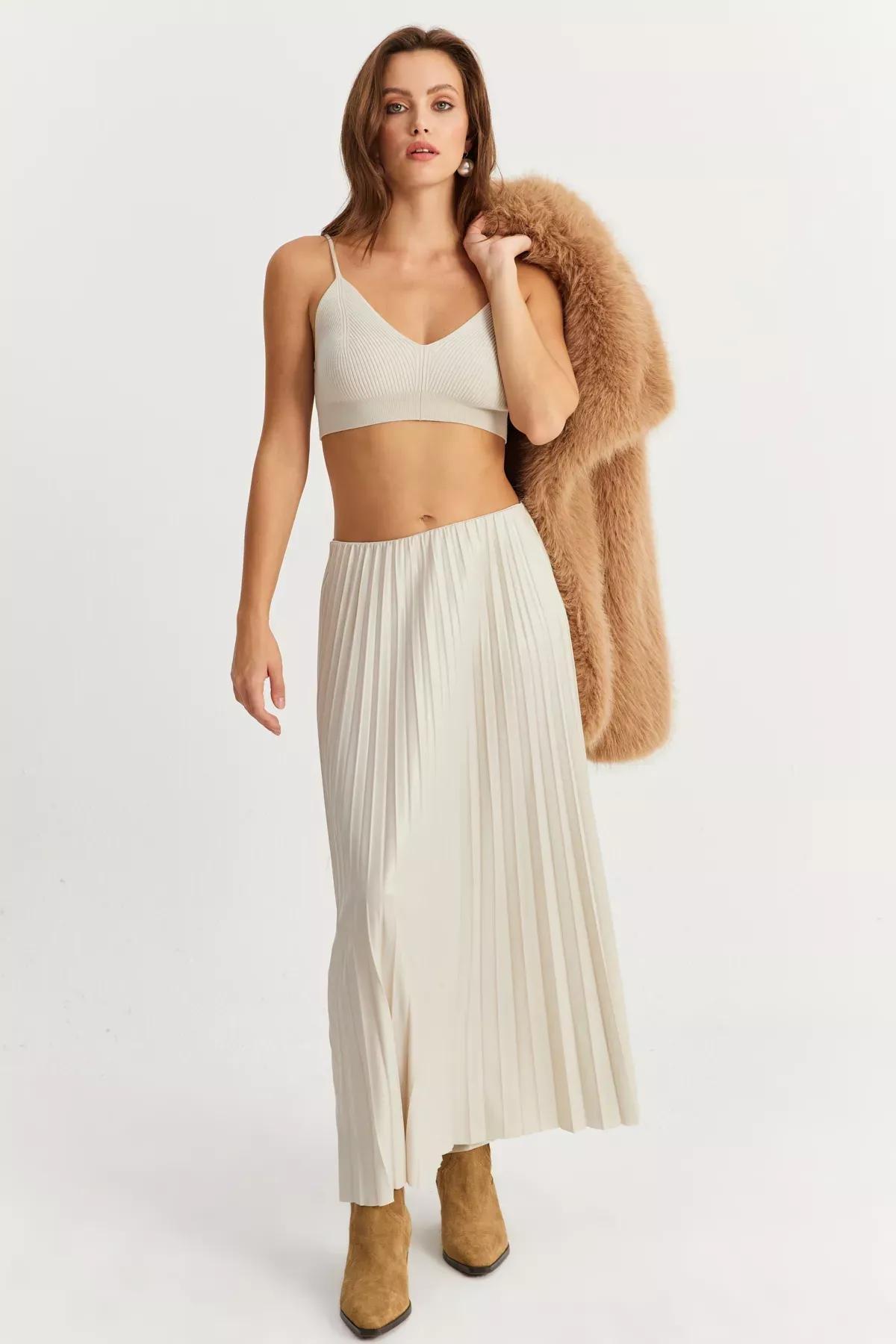 Beige Waist Pleated Skirt, STONE, large image number 1