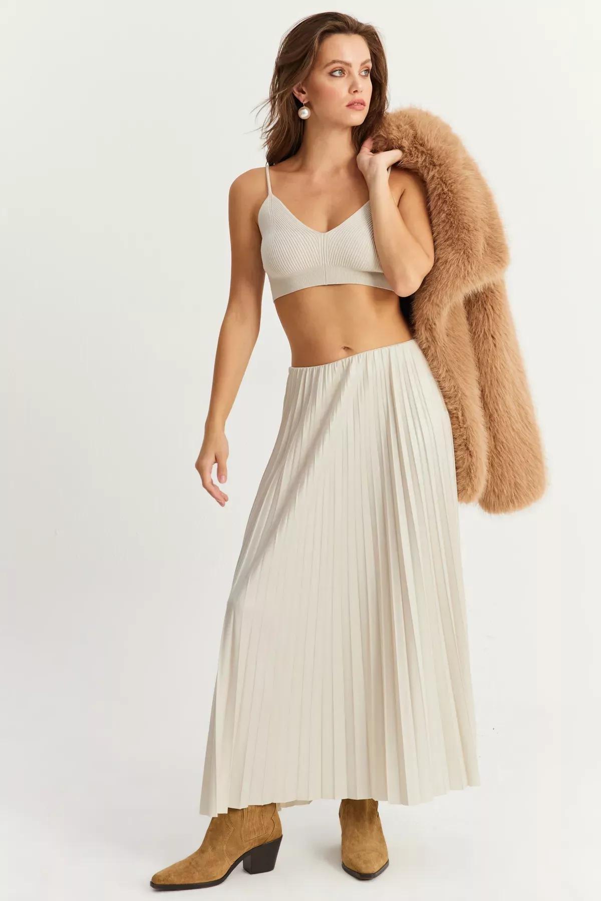 Beige Waist Pleated Skirt, STONE, large image number 2