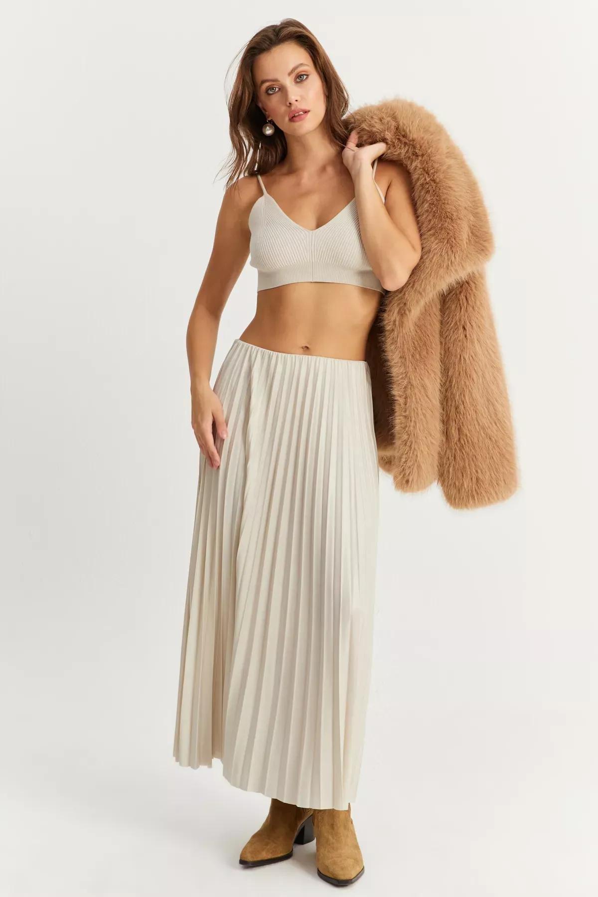 Beige Waist Pleated Skirt, STONE, large image number 3