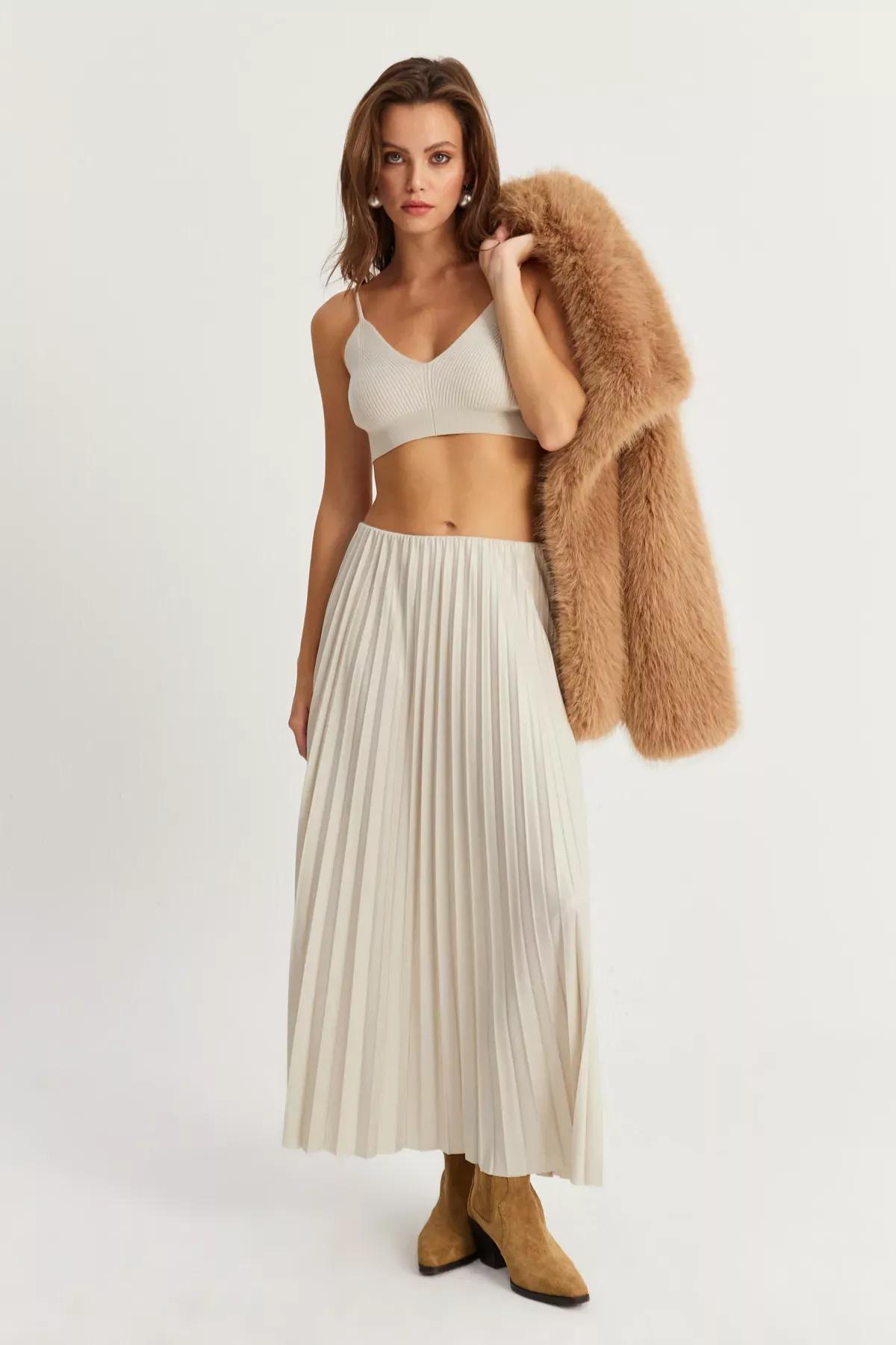 Beige Waist Pleated Skirt, STONE, large image number 4