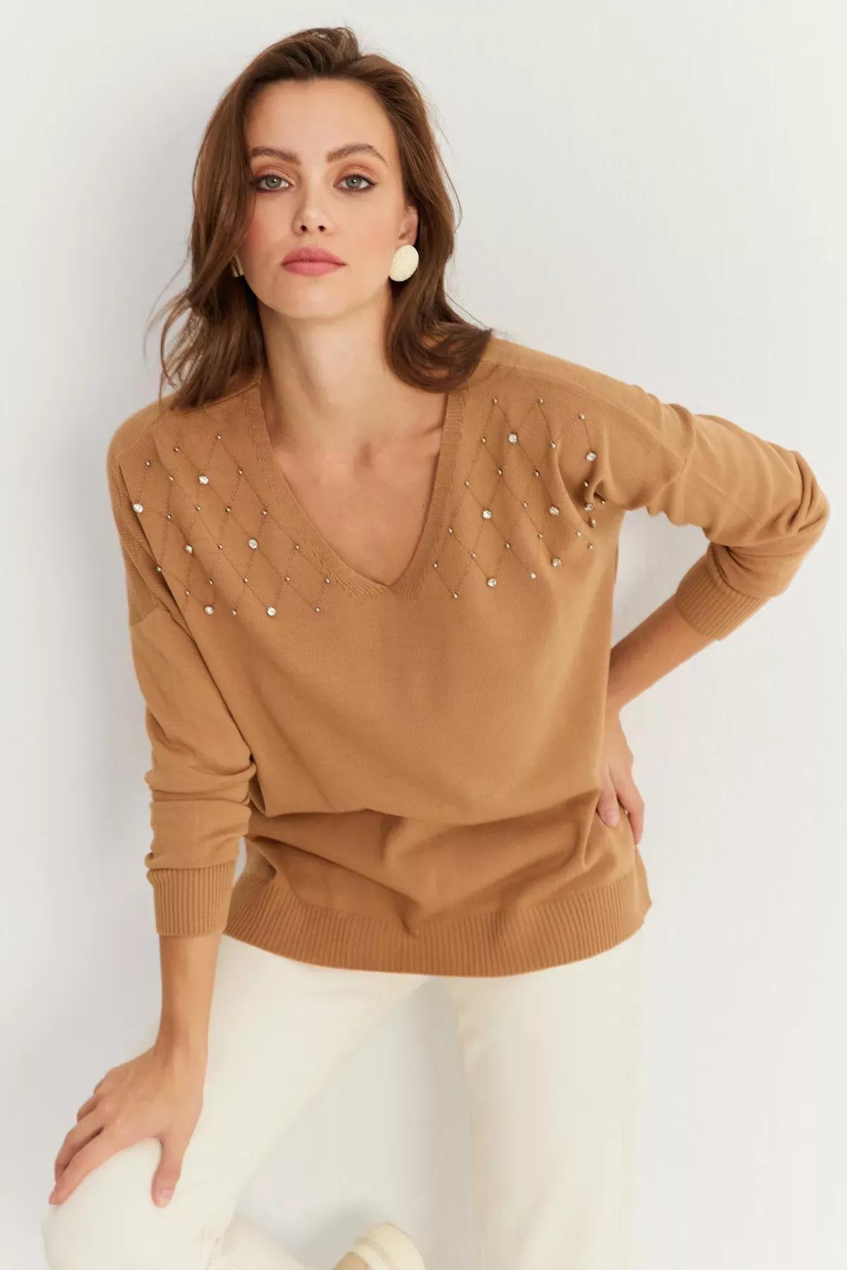 Womens Mink V Neck Stoned Thin Knit Blouse Y?L002, Single item, C101_353, large image number 0