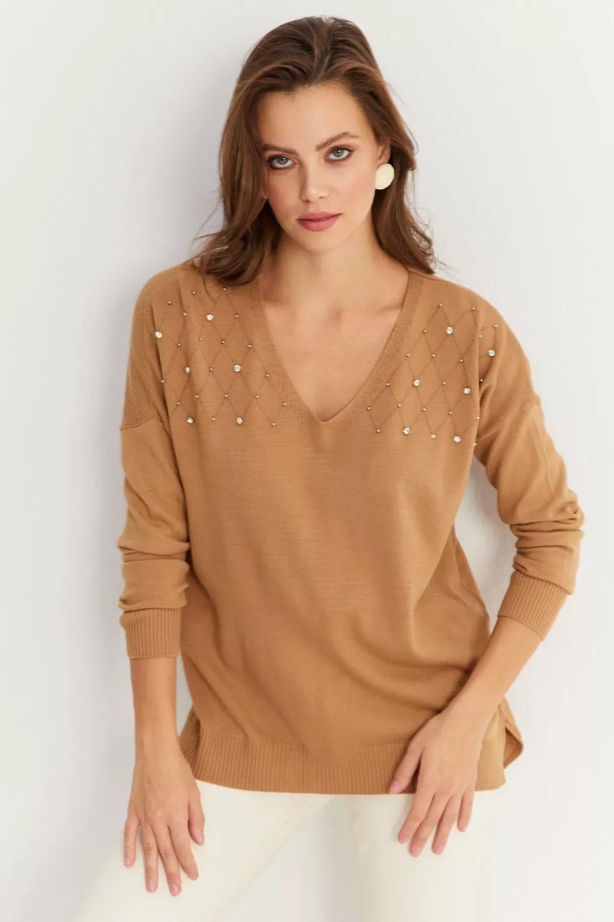 Womens Mink V Neck Stoned Thin Knit Blouse Y?L002, Single item, C101_353, large image number 1