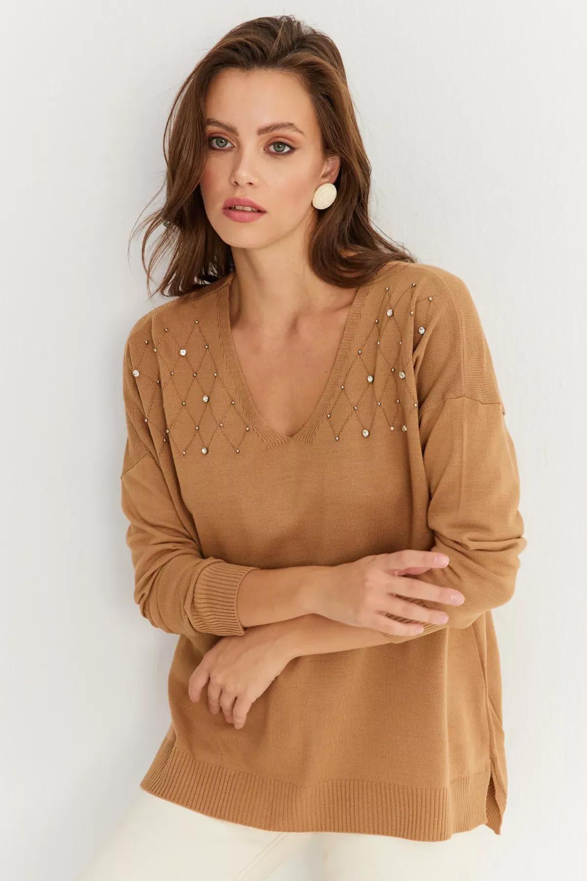 Womens Mink V Neck Stoned Thin Knit Blouse Y?L002, Single item, C101_353, large image number 2