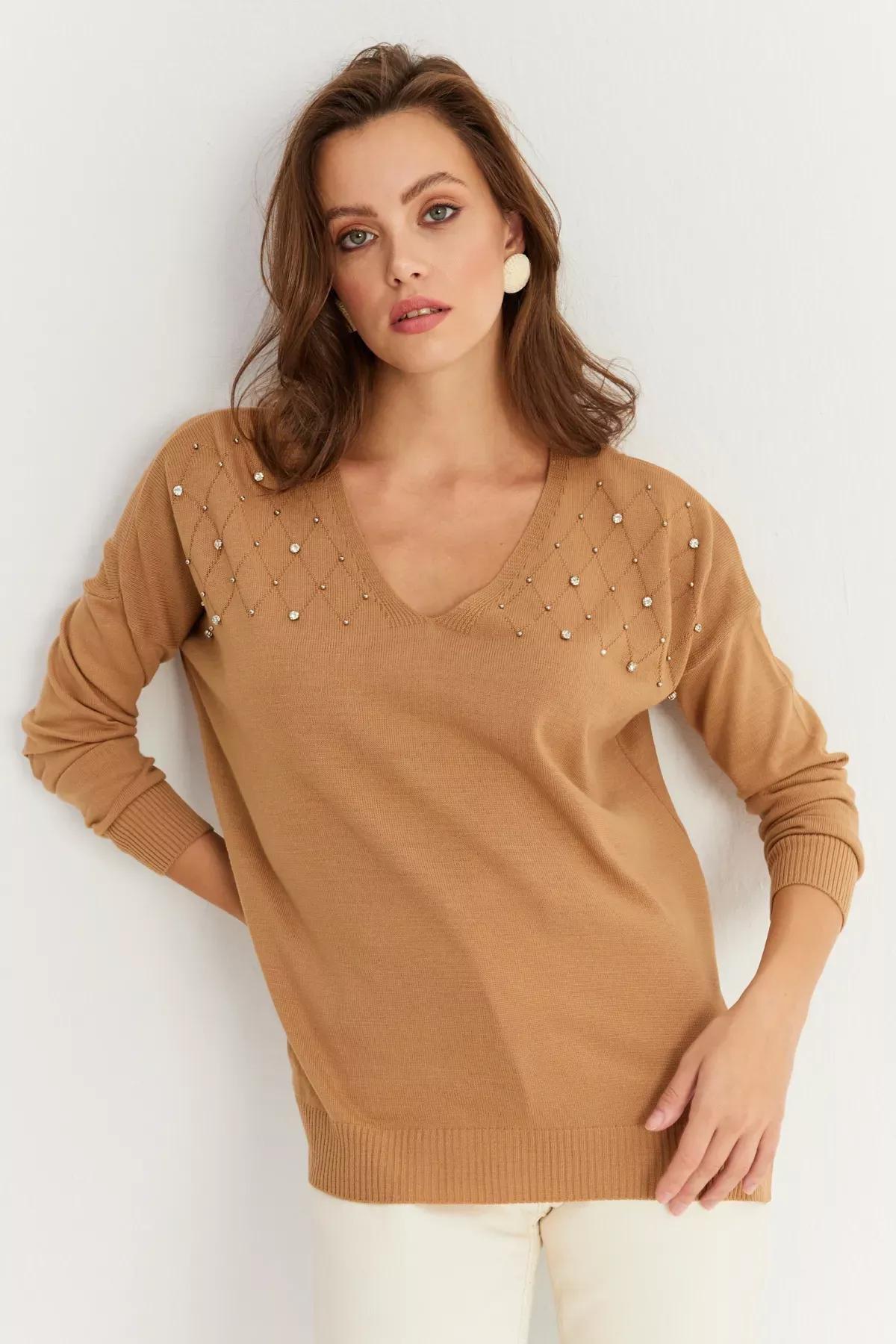 Womens Mink V Neck Stoned Thin Knit Blouse Y?L002, Single item, C101_353, large image number 3