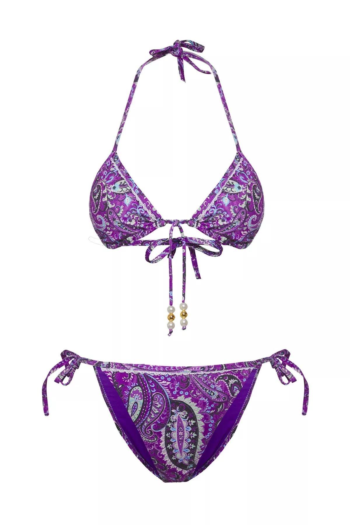 Purple Shawl Patterned Triangle Bikini Set, , large image number 4