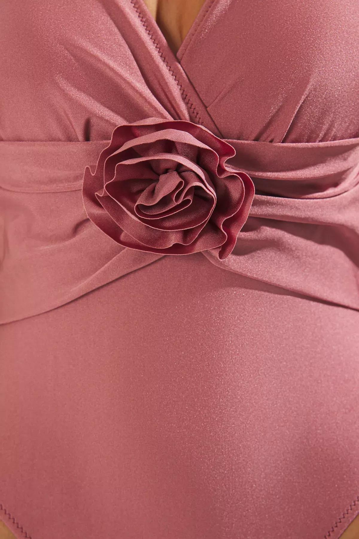 Pink V-Neck Floral Applique Swimsuit, C101_7441, large image number 3