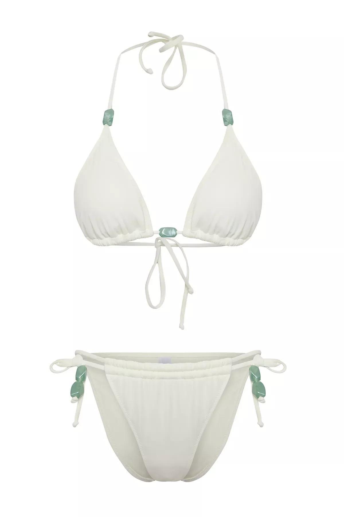 Beige Triangle Beaded Brazilian Bikini Set, , large image number 4