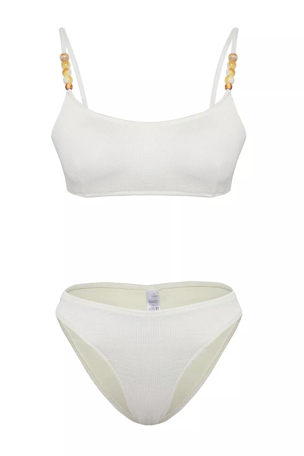 Beige Bralette Beaded Accessory Textured Bikini Set, , large image number 4