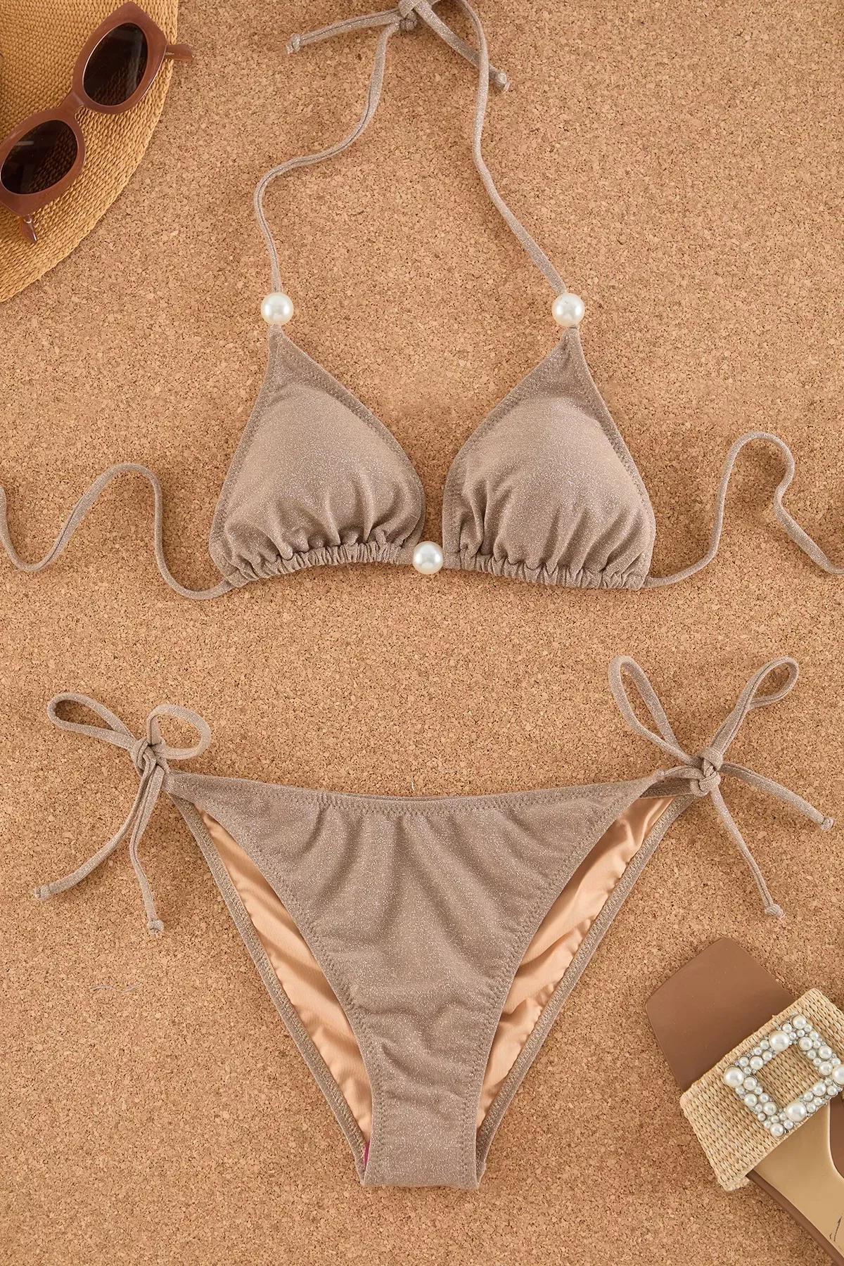 Brown Triangle Pearl Accessory Glittery Bikini Set, , large image number 4