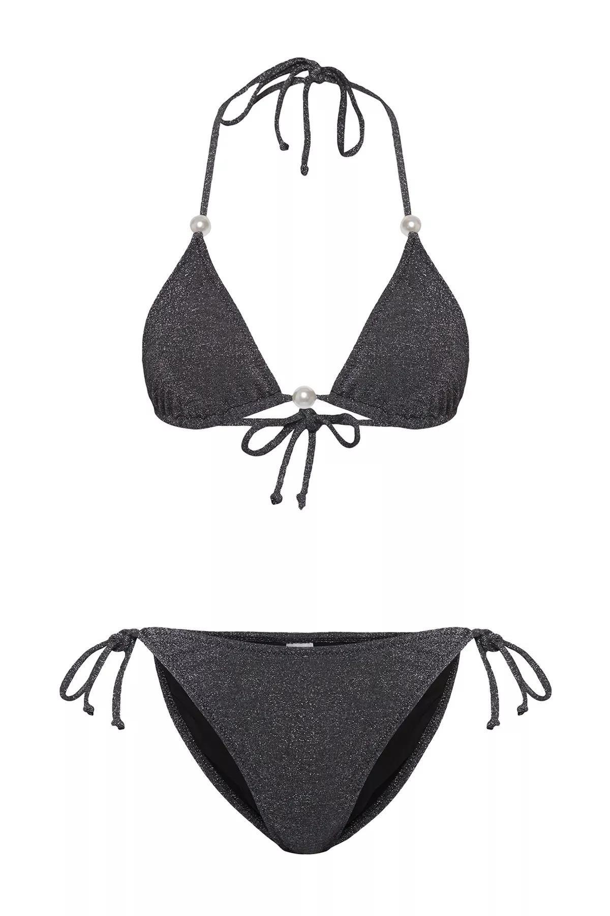 Black Triangle Pearl Accessory Glittery Bikini Set, , large image number 4