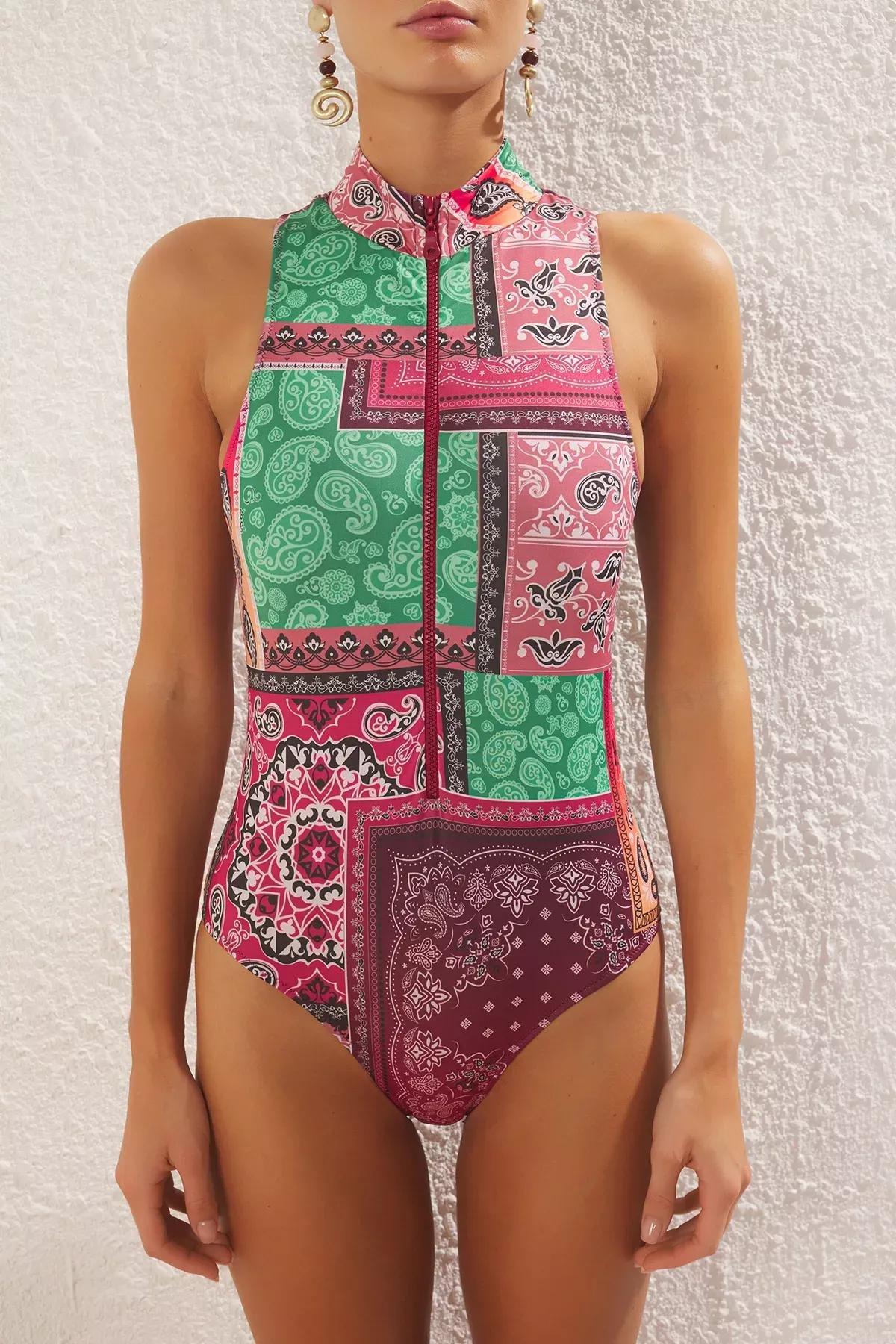 Multicolour Patterned Halter Neck Swimsuit, , large image number 2